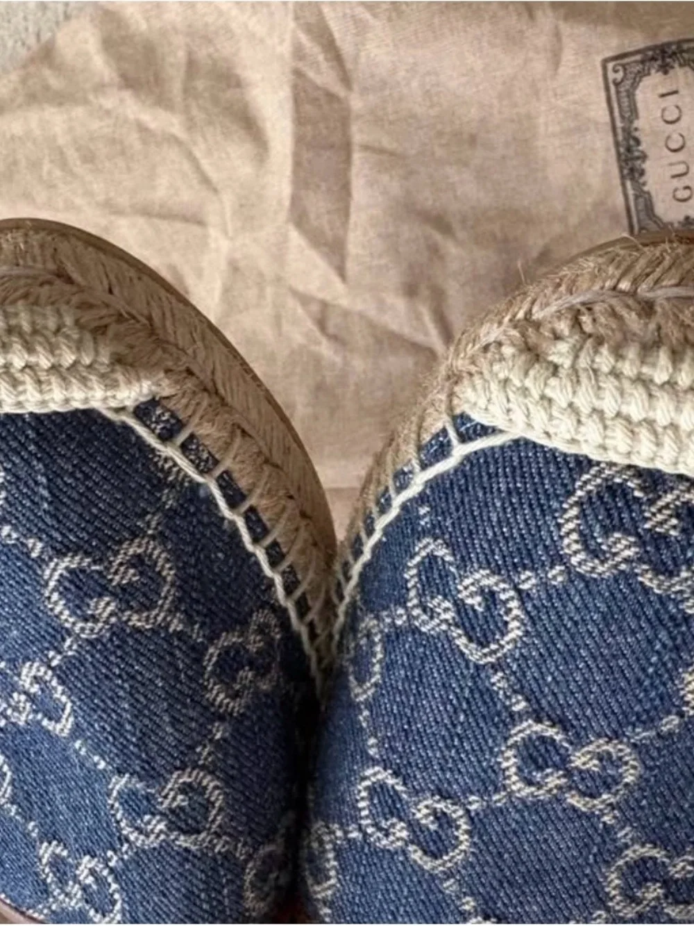 Gucci Denim Monogram Espadrille Flats with Brown Trim